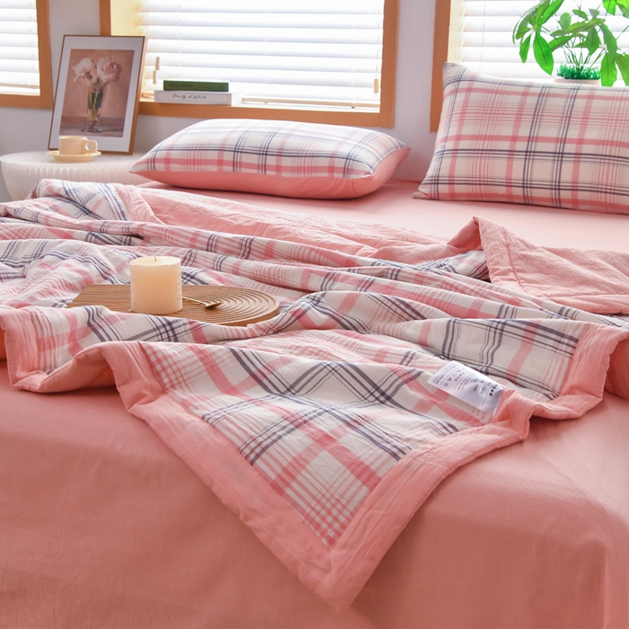 91家纺网 家纺一手货源 找家纺 圣尔雅家纺 2025新款里外全棉色织夏被新疆棉花被纯棉被子空调被夏凉被 粉条格