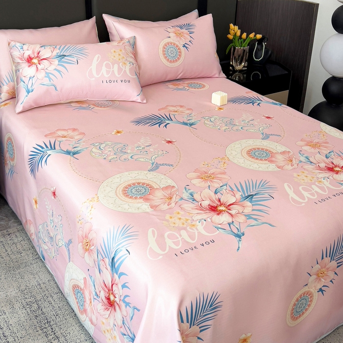 91家纺网 家纺一手货源 找家纺 纽缦家纺 2025新款印花冰丝防滑床单 春色