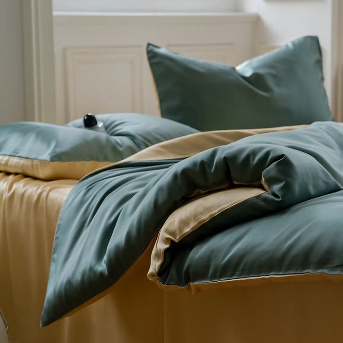 91家纺网 家纺一手货源 找家纺 未来家居 2025新款60S兰精天丝纯色四件套 天青色-香槟金