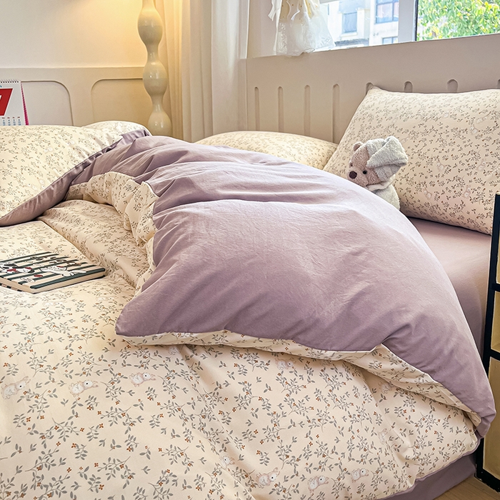 91家纺网 家纺一手货源 找家纺 玖明2025新款A类加厚柔软针织棉双层纱四件套 梦回花香