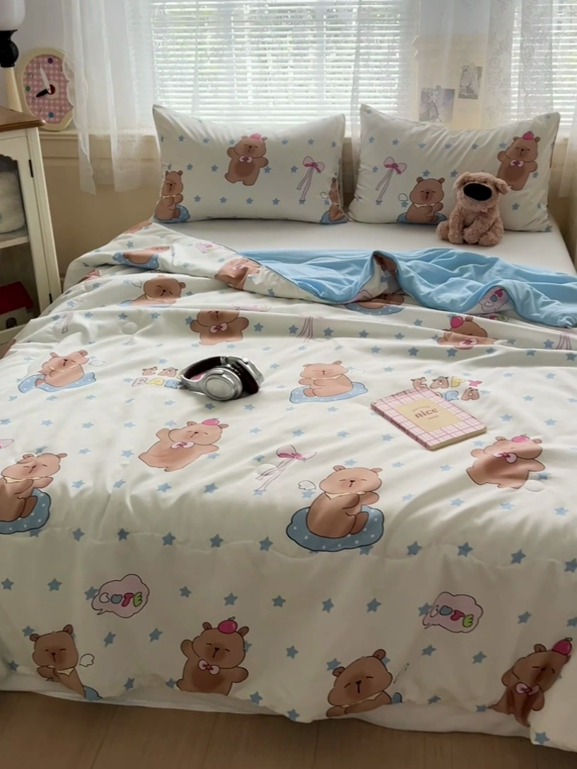 91家纺网 家纺一手货源 找家纺 2025春夏新款嵌绳款云柔水洗棉单夏被夏凉被空调被 嵌绳夏被-星星卡皮