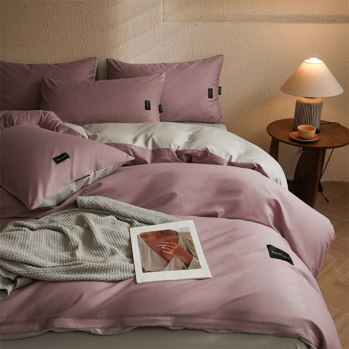 91家纺网 家纺一手货源 找家纺 启程2025新款全棉纯色双拼无印风四件套 香芋紫+绅士灰