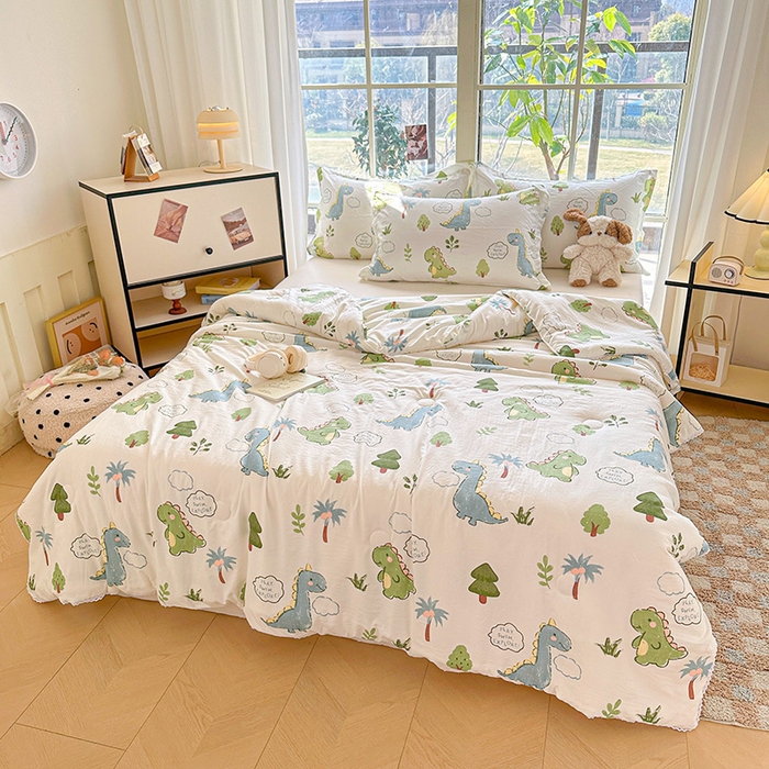 91家纺网 家纺一手货源 找家纺 2025新款双层皱皱纱水洗棉夏被夏凉被空调被可机洗空调被子被芯棉被 恐龙乐园