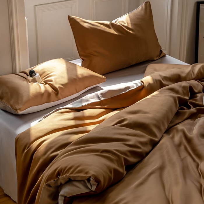 91家纺网 家纺一手货源 找家纺 未来家居 2025新款60S兰精天丝纯色四件套 敦煌色-曙光银