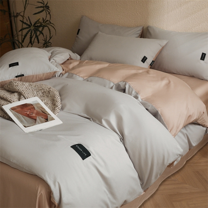 91家纺网 家纺一手货源 找家纺 启程2025新款全棉纯色双拼无印风四件套 绅士灰+杏仁