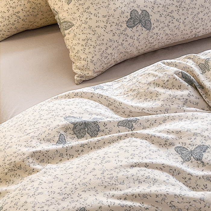 91家纺网 家纺一手货源 找家纺 玖明2025新款A类加厚柔软针织棉双层纱四件套 蝶梦花香