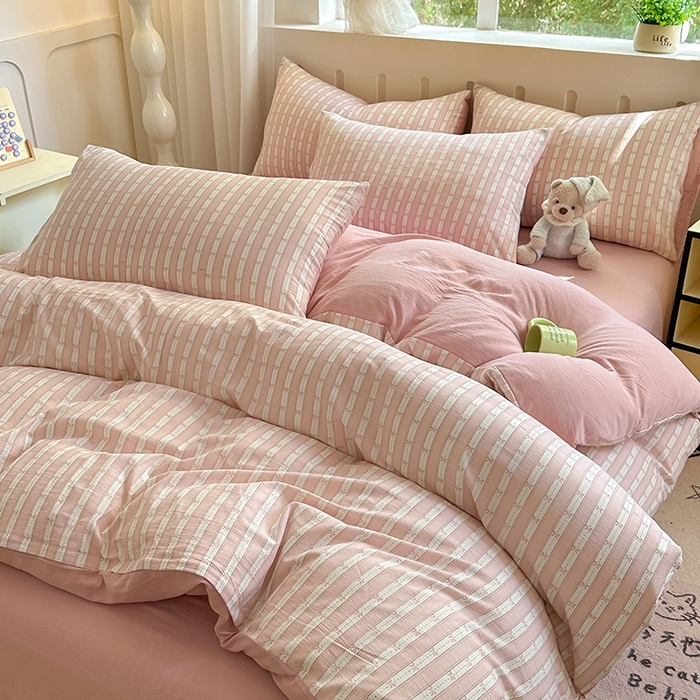 91家纺网 家纺一手货源 找家纺 玖明2025新款A类加厚柔软针织棉双层纱四件套 简约时光