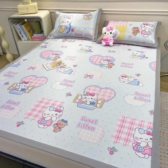 91家纺网 家纺一手货源 找家纺 摩妮卡 2025小清新数码冰丝席 碳光席三件套 凯蒂甜心