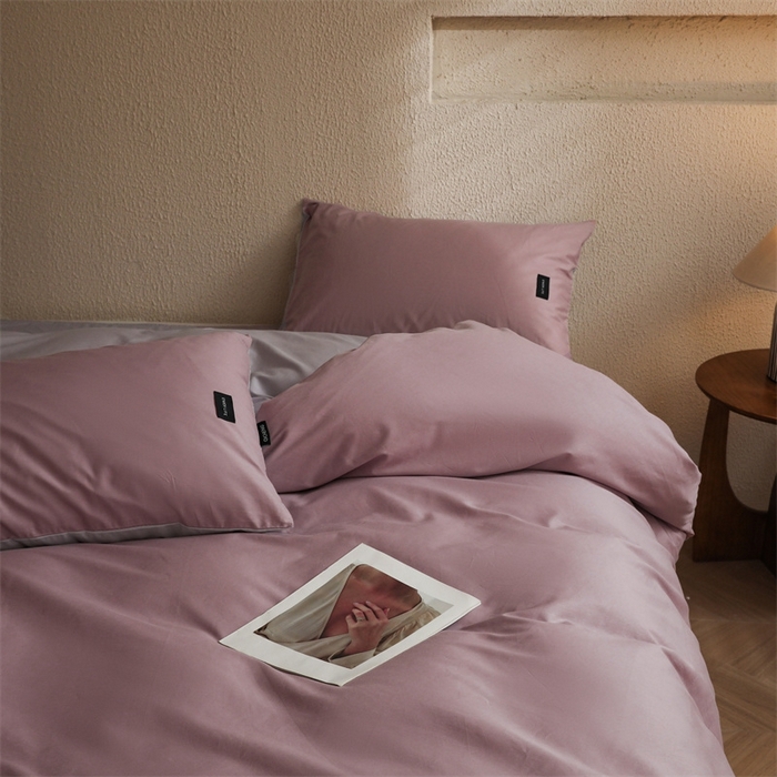 91家纺网 家纺一手货源 找家纺 启程2025新款全棉纯色双拼无印风四件套 香芋紫+水晶紫