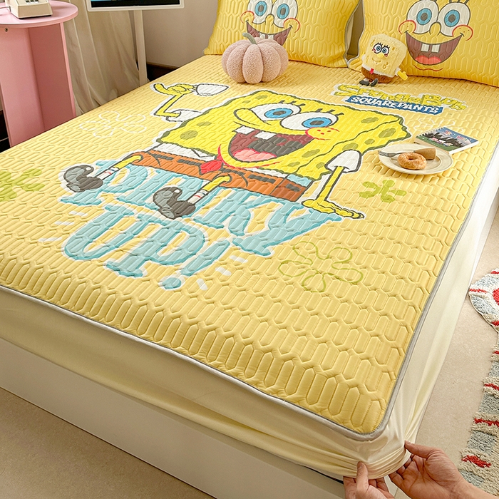 91家纺网 家纺一手货源 找家纺 金爱家 2025新款海绵宝宝乳胶凉席床笠款凉席席子 凉席床笠款-咖啡海绵宝宝