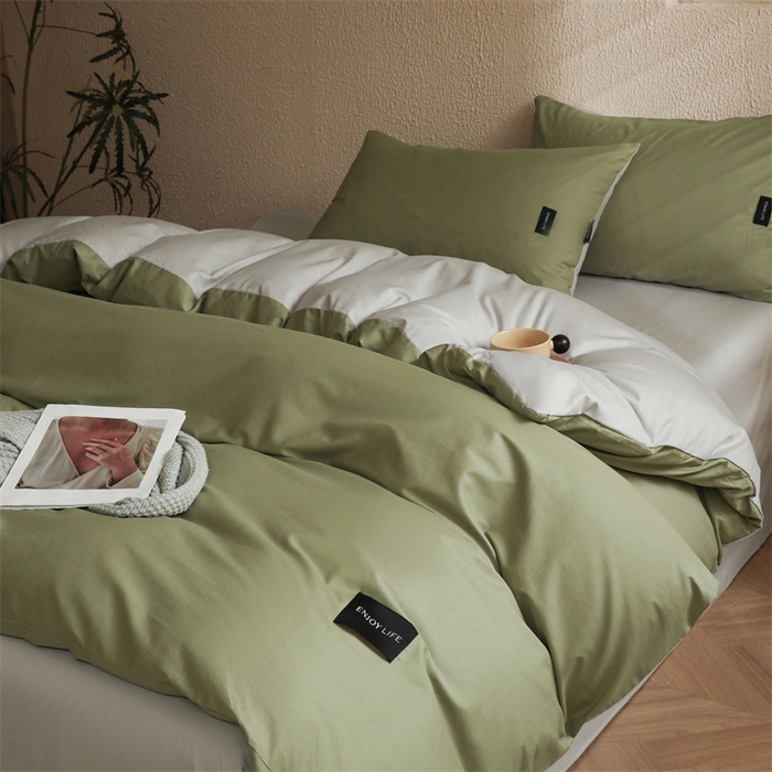 91家纺网 家纺一手货源 找家纺 启程2025新款全棉纯色双拼无印风四件套 抹茶绿+绅士灰