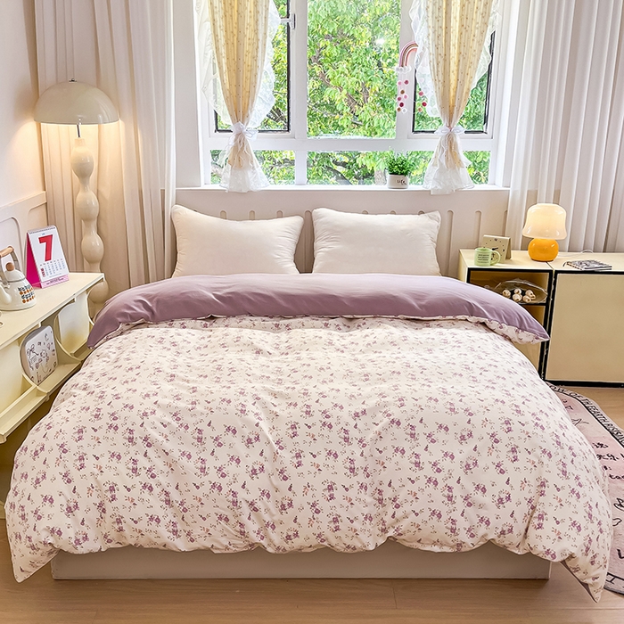 91家纺网 家纺一手货源 找家纺 玖明2025新款A类加厚柔软针织棉双层纱四件套 暮光紫苑