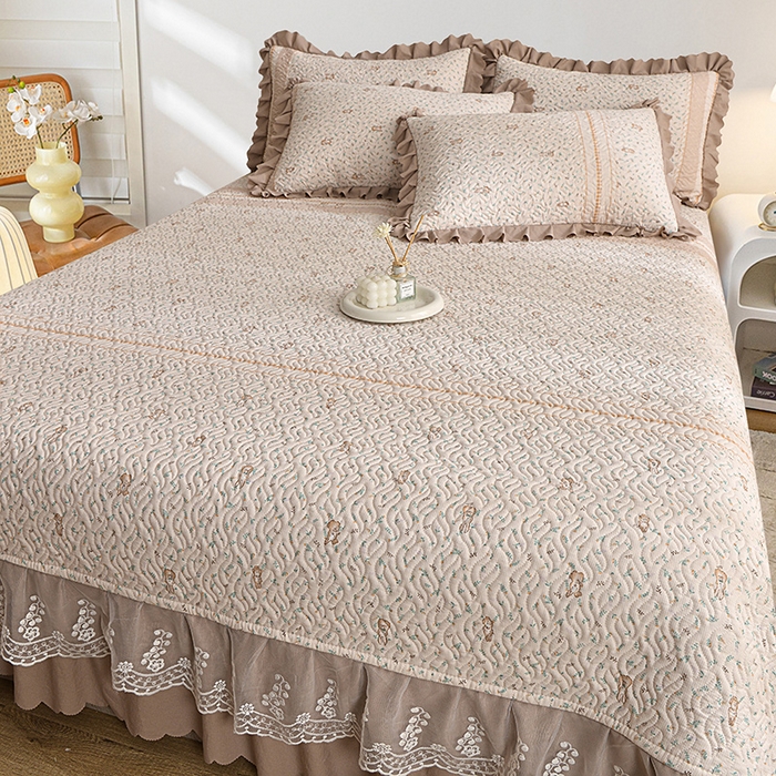 91家纺网 家纺一手货源 找家纺 梦柏 2025新款韩版双层纱夹棉绗缝床盖夏被四件套 萌小兔