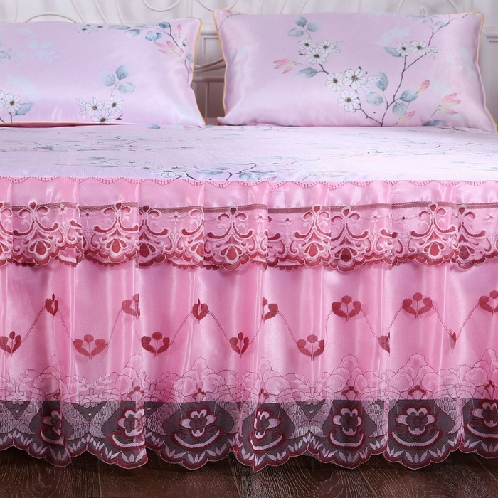 91家纺网 家纺一手货源 找家纺 情恒家纺2025新款床裙款冰丝布艺软凉席三件套 春暖花开-粉