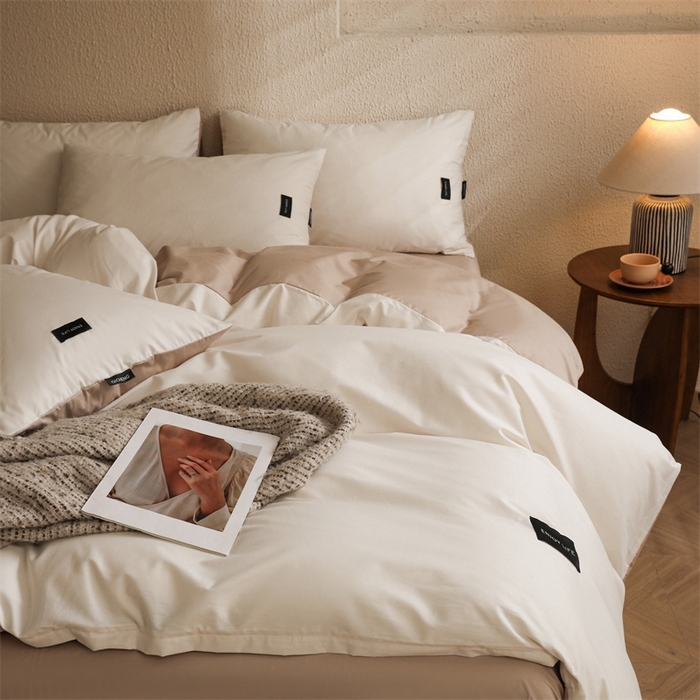 91家纺网 家纺一手货源 找家纺 启程2025新款全棉纯色双拼无印风四件套 奶白+杏仁