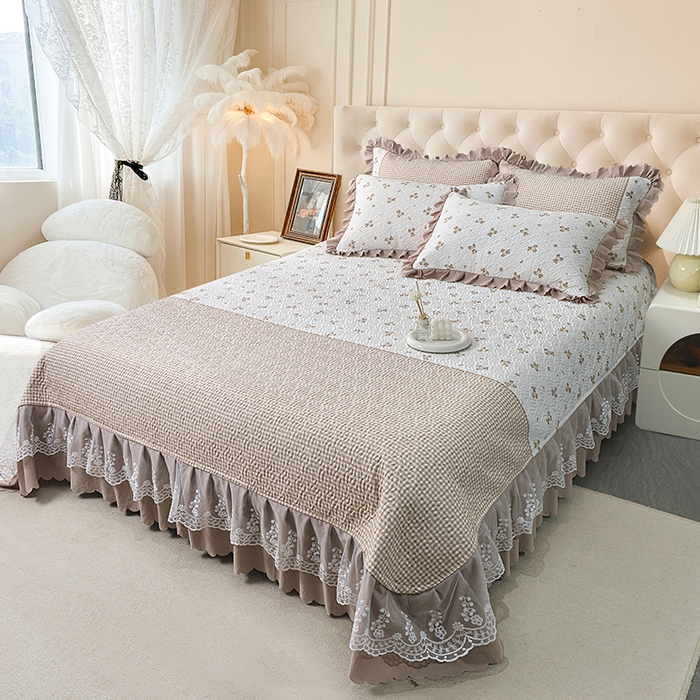 91家纺网 家纺一手货源 找家纺 梦柏 2025新款韩版双层纱夹棉绗缝床盖夏被四件套 小熊