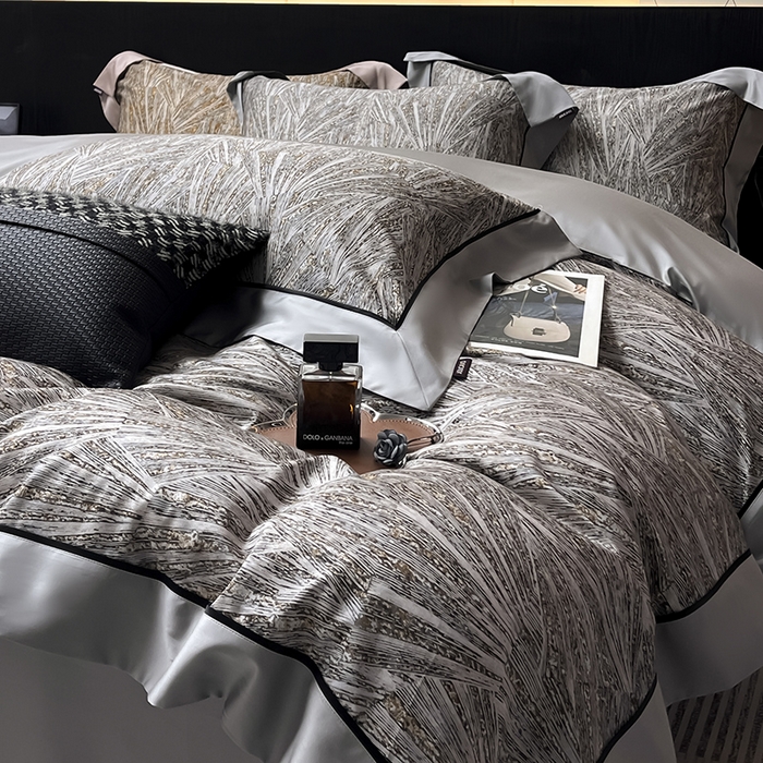 91家纺网 家纺一手货源 找家纺 2025夏季新品A类100支天丝棉夹棉床盖床笠四件套全棉纯棉床单加厚高端重工刺绣长绒棉床上用品    观颜