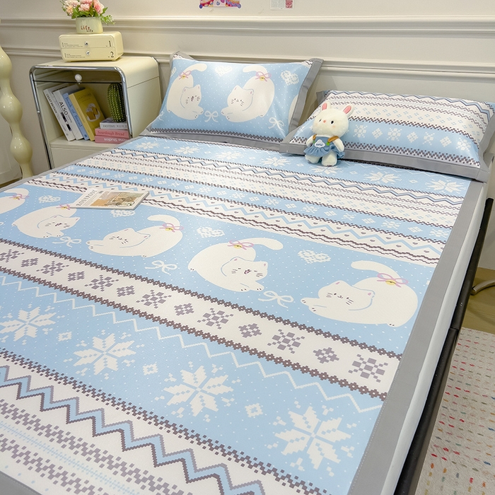 91家纺网 家纺一手货源 找家纺 摩妮卡 2025小清新数码冰丝席 碳光席三件套 蓝调喵影