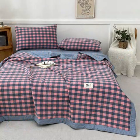 91家纺网 家纺一手货源 找家纺 鸣升家纺 2025新款100%里外全棉棉花夏被无印风全棉色织水洗棉夏凉被空调被夏被春秋被单人可机洗 粉灰小格