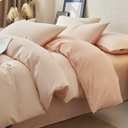 91家纺网 家纺一手货源 找家纺 寐绸家纺 2025新款纯棉华夫格四件套 华夫格四件套-浅粉