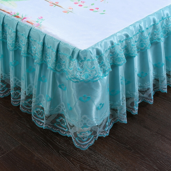 91家纺网 家纺一手货源 找家纺 情恒家纺2025新款床裙款冰丝布艺软凉席三件套 花间意-蓝