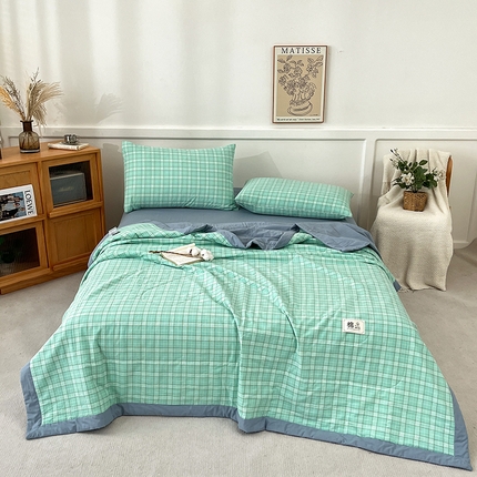 鸣升家纺 2025新款100%里外全棉棉花夏被无印风全棉色织水洗棉夏凉被空调被夏被春秋被单人可机洗 格诺绿