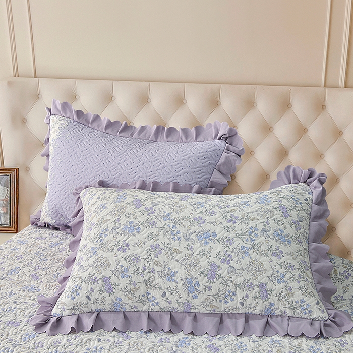 91家纺网 家纺一手货源 找家纺 梦柏 2025新款韩版双层纱夹棉绗缝床盖夏被四件套 薰衣草