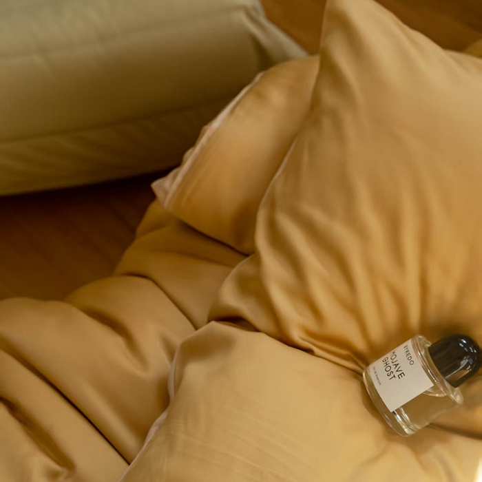 91家纺网 家纺一手货源 找家纺 未来家居 2025新款60S兰精天丝纯色四件套 芝士黄-沙茶色