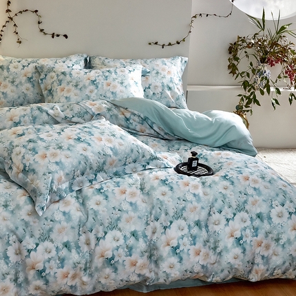 91家纺网 家纺一手货源 找家纺 未来家居 2025春夏新款100支莱赛尔天丝贡缎纯色印花系列高端礼盒四件套 花漾