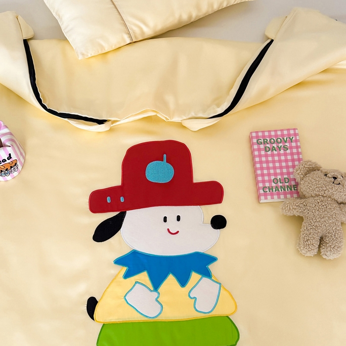 91家纺网 家纺一手货源 找家纺 喜多兔儿童家纺 2025新款60S兰精天丝睡袋防踢被 黄色多彩小狗