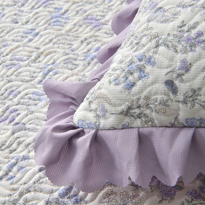 91家纺网 家纺一手货源 找家纺 梦柏 2025新款韩版双层纱夹棉绗缝床盖夏被四件套 薰衣草