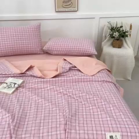 91家纺网 家纺一手货源 找家纺 鸣升家纺 2025新款100%里外全棉棉花夏被无印风全棉色织水洗棉夏凉被空调被夏被春秋被单人可机洗 格诺粉