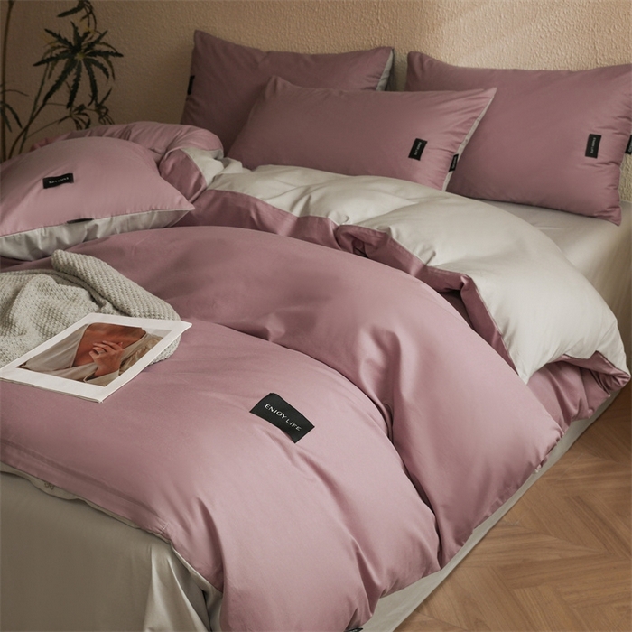 91家纺网 家纺一手货源 找家纺 启程2025新款全棉纯色双拼无印风四件套 香芋紫+绅士灰