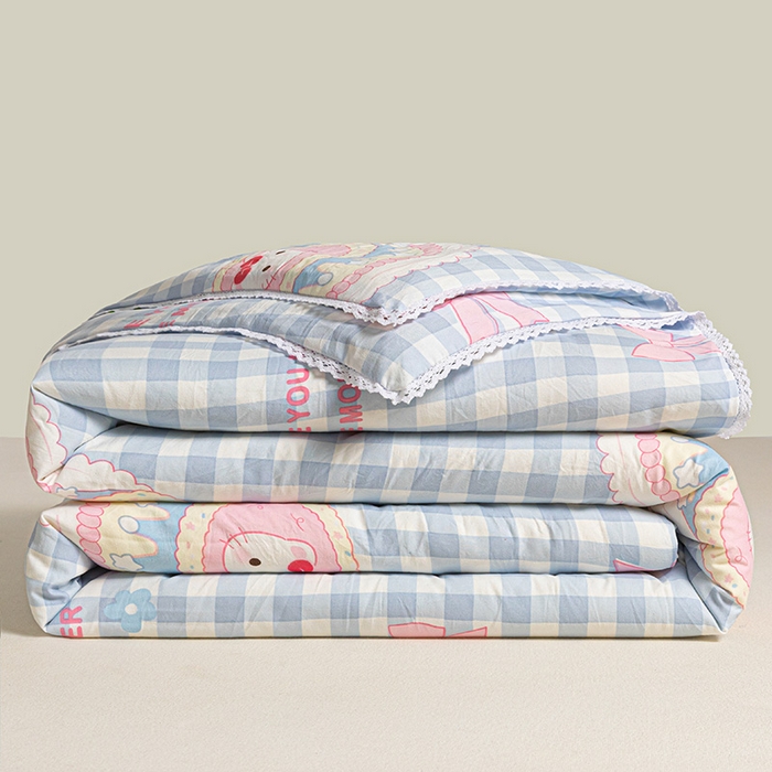 91家纺网 家纺一手货源 找家纺 2025新款双层皱皱纱水洗棉夏被夏凉被空调被可机洗空调被子被芯棉被 蛋糕蓝格 kt