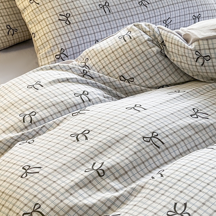 91家纺网 家纺一手货源 找家纺 玖明2025新款A类加厚柔软针织棉双层纱四件套 蝴蝶结-蓝