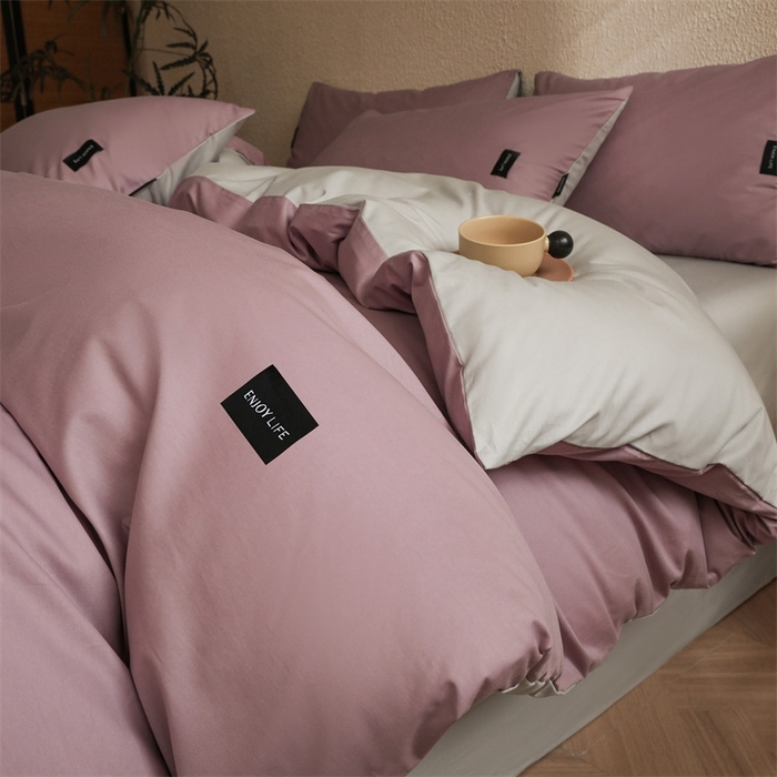91家纺网 家纺一手货源 找家纺 启程2025新款全棉纯色双拼无印风四件套 香芋紫+绅士灰