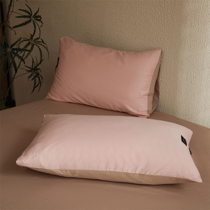 91家纺网 家纺一手货源 找家纺 启程2025新款全棉纯色双拼无印风四件套 奶油粉+杏仁