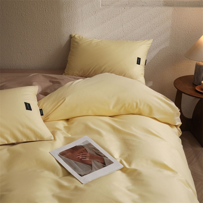 91家纺网 家纺一手货源 找家纺 启程2025新款全棉纯色双拼无印风四件套 奶昔黄+杏仁