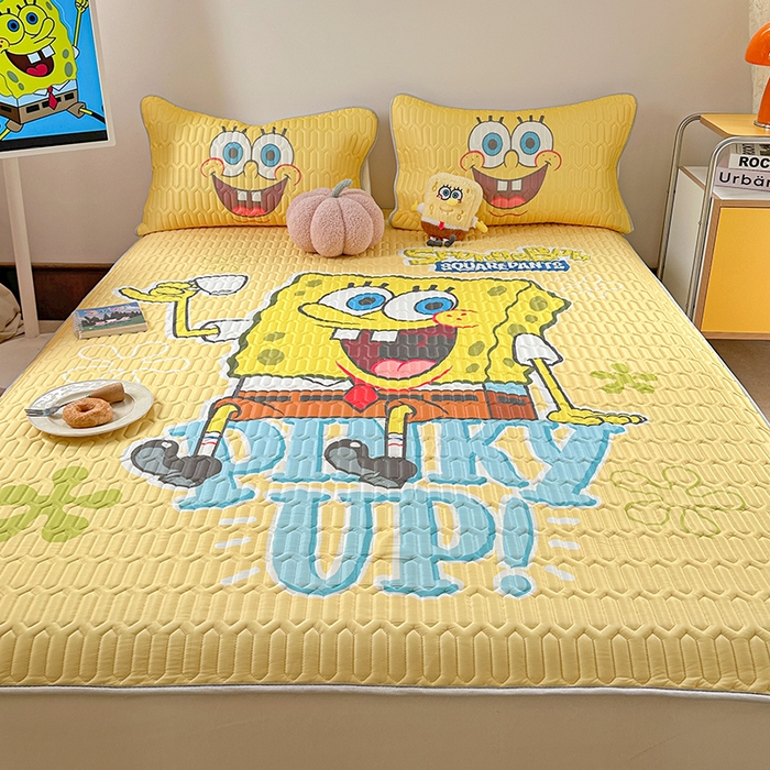 91家纺网 家纺一手货源 找家纺 金爱家 2025新款海绵宝宝乳胶凉席床笠款凉席席子 凉席床笠款-咖啡海绵宝宝