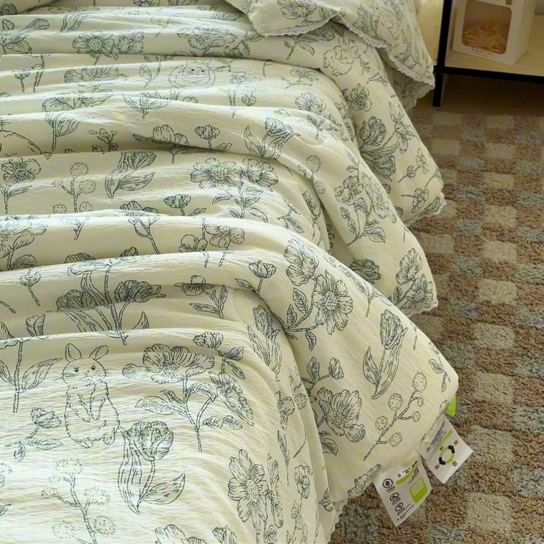 91家纺网 家纺一手货源 找家纺 2025新款双层皱皱纱水洗棉夏被夏凉被空调被可机洗空调被子被芯棉被 素雅茶绿