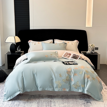 典曼家纺 2025新款 A类高精密40支13374喷气绣花四件套 【带礼盒】 蝴蝶花园-蓝