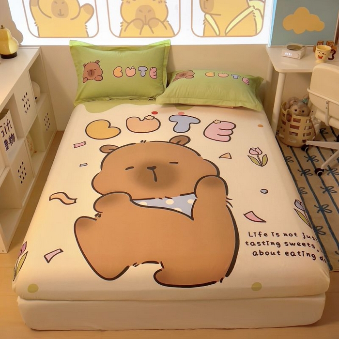 91家纺网 家纺一手货源 找家纺 浩诚2025新款卡皮巴拉原创IP全棉大版单床笠单枕套-有作品登记证书 水豚巴拉