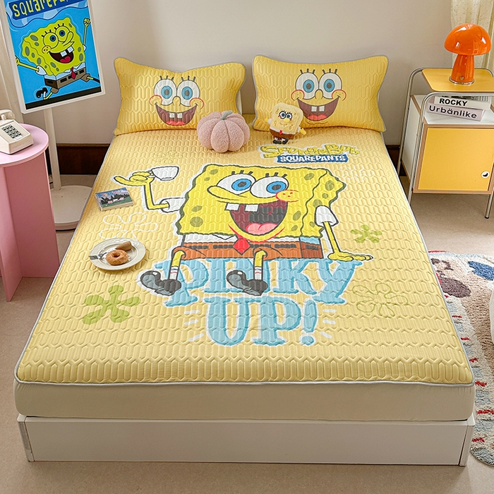 91家纺网 家纺一手货源 找家纺 金爱家 2025新款海绵宝宝乳胶凉席床笠款凉席席子 凉席床笠款-咖啡海绵宝宝