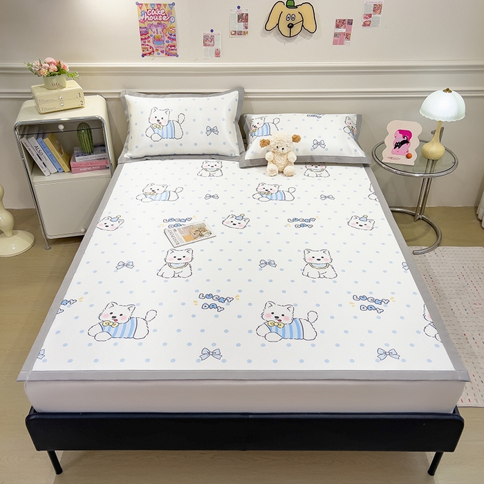 91家纺网 家纺一手货源 找家纺 摩妮卡 2025小清新数码冰丝席 碳光席三件套 蓝点萌犬