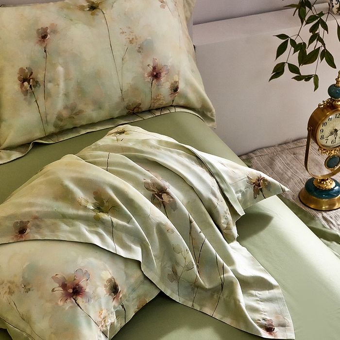 91家纺网 家纺一手货源 找家纺 未来家居 2025春夏新款100支莱赛尔天丝贡缎纯色印花系列高端礼盒四件套 柔澜