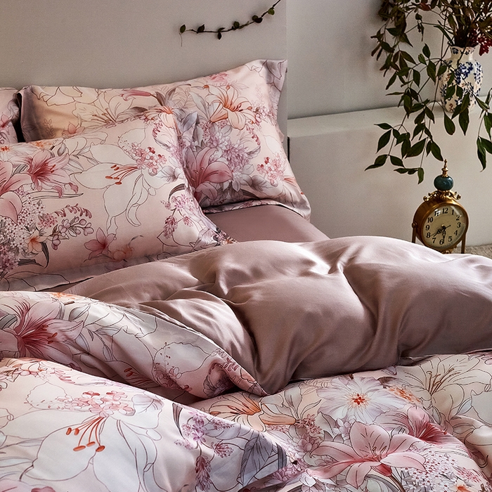 91家纺网 家纺一手货源 找家纺 未来家居 2025春夏新款100支莱赛尔天丝贡缎纯色印花系列高端礼盒四件套 锦梦