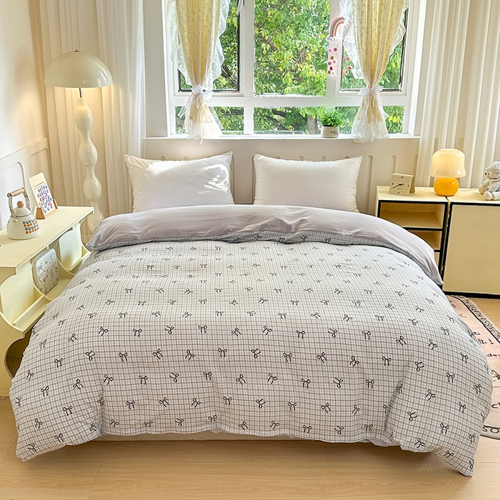 91家纺网 家纺一手货源 找家纺 玖明2025新款A类加厚柔软针织棉双层纱四件套 蝴蝶结-蓝