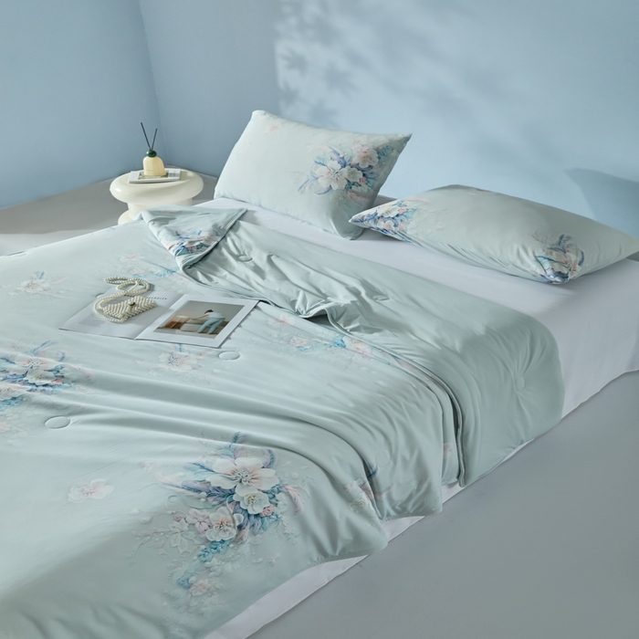 91家纺网 家纺一手货源 找家纺 2025春夏新款100%双面锦纶美式印花夏被凉感空调被 珍珠花海