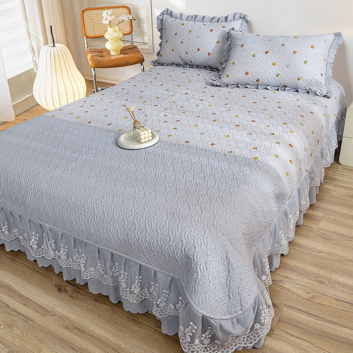 91家纺网 家纺一手货源 找家纺 梦柏 2025新款韩版双层纱夹棉绗缝床盖夏被四件套 南瓜派对