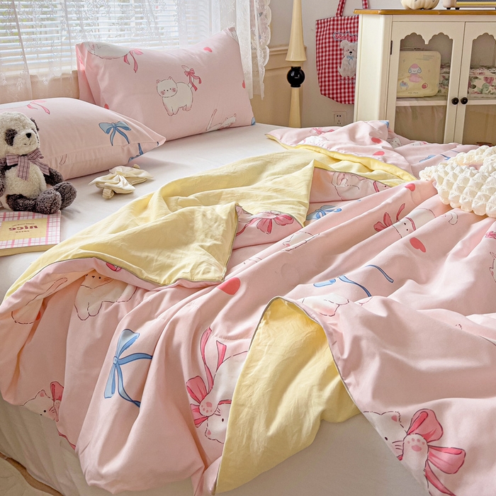 91家纺网 家纺一手货源 找家纺 2025春夏新款嵌绳款云柔水洗棉单夏被夏凉被空调被 嵌绳夏被-小蝴蝶结